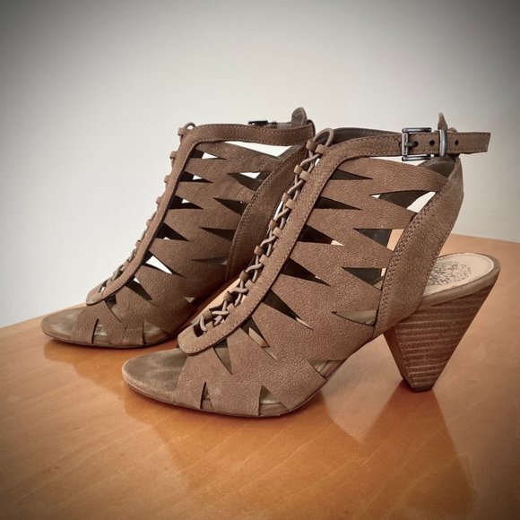 Vince Camuto Tiana Taupe Pebbled Leather Cage Booties - Picture 2 of 14